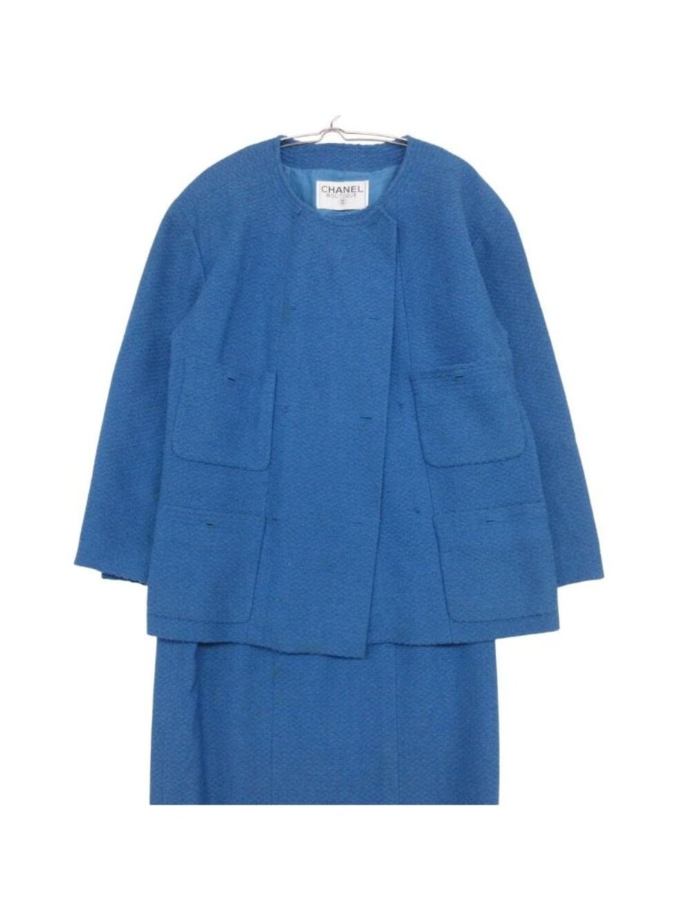 Chanel Suit Vintage Tweed Set Color Jacket Tight Skirt Blue